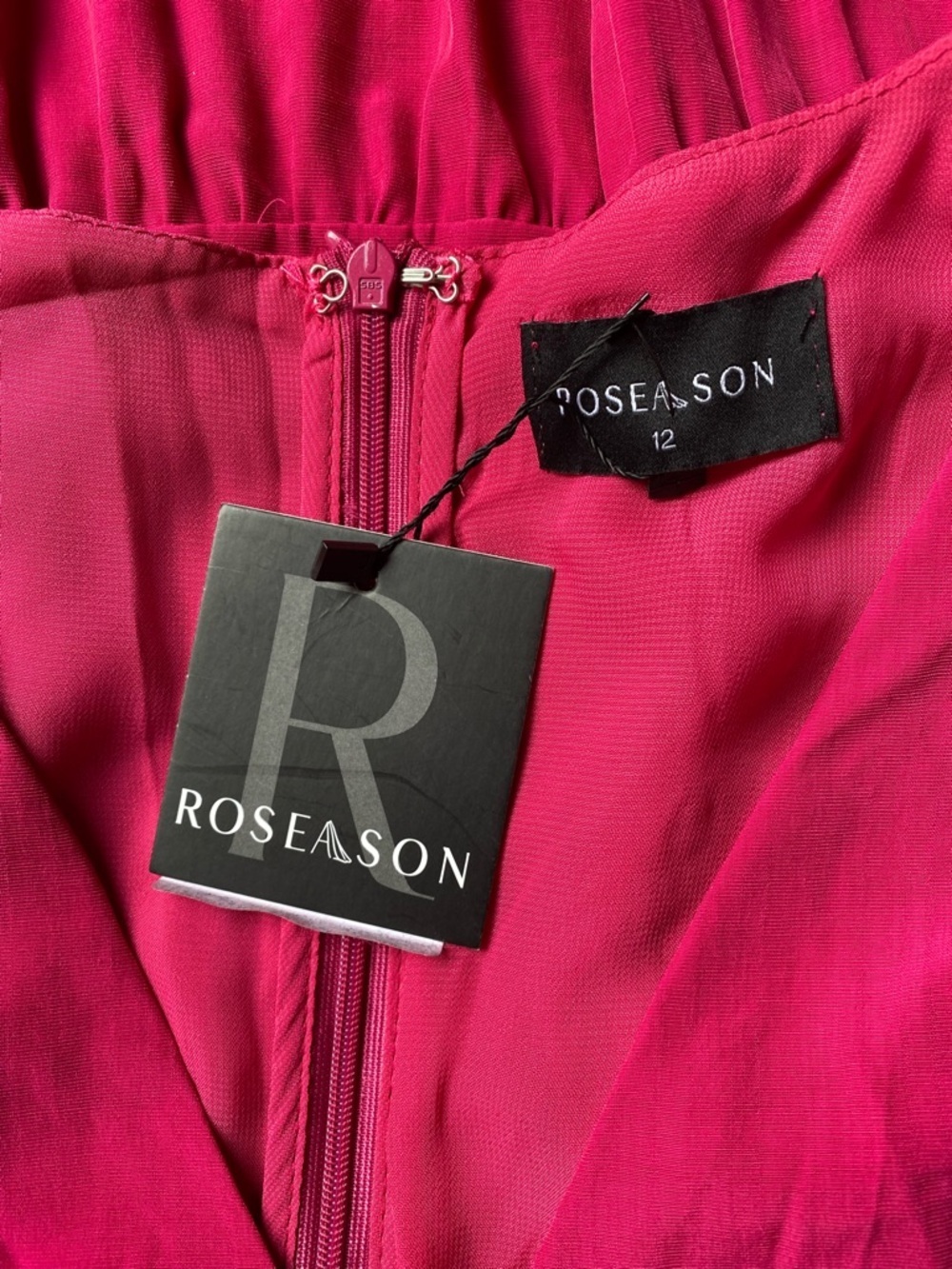 Roseason Hot Pink Mini Dress Size 12 NWT V-Neck Puff Sleeve Tiered Viscose Ramie - Picture 7 of 9
